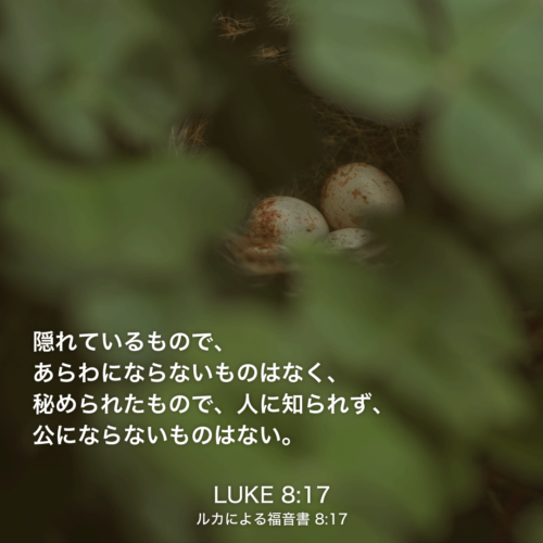 LUKE(ルカによる福音書)8章17節：隠れているもので、あらわにならないものはなく、秘められたもので、人に知られず、公にならないものはない。