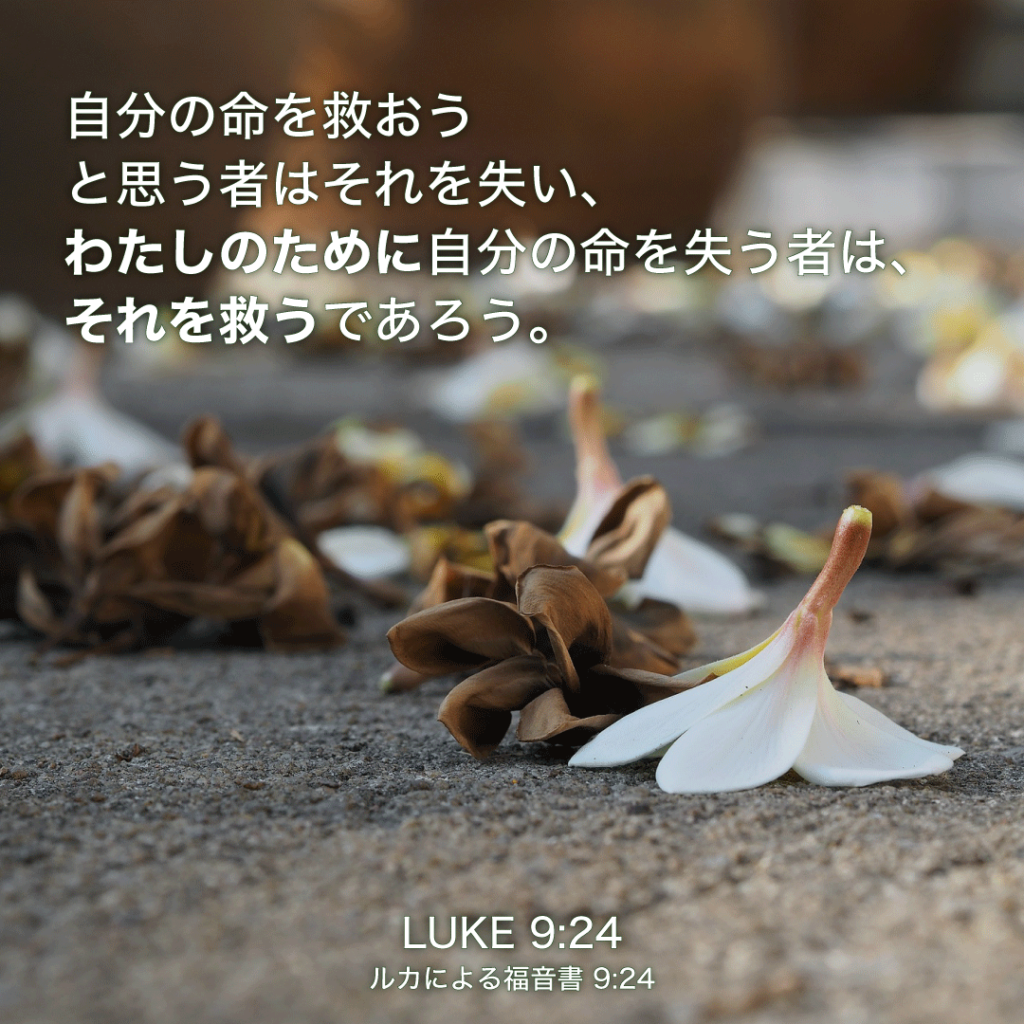 LUKE(ルカによる福音書)9章24節：自分の命を救おうと思う者はそれを失い、わたしのために自分の命を失う者は、それを救うであろう。