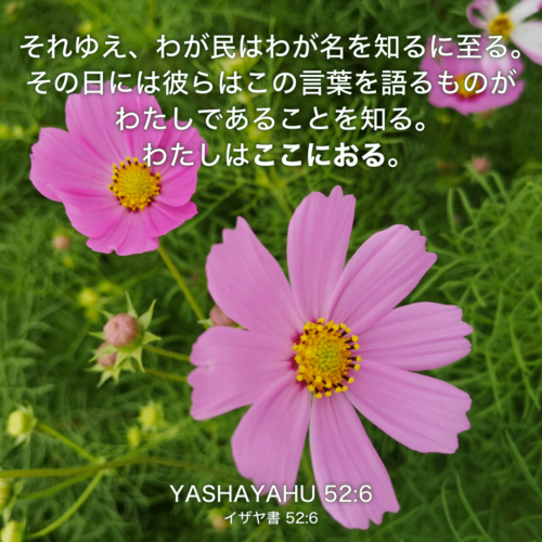 それゆえ、わが民はわが名を知るに至る。その日には彼らはこの言葉を語るものがわたしであることを知る。わたしはここにおる。