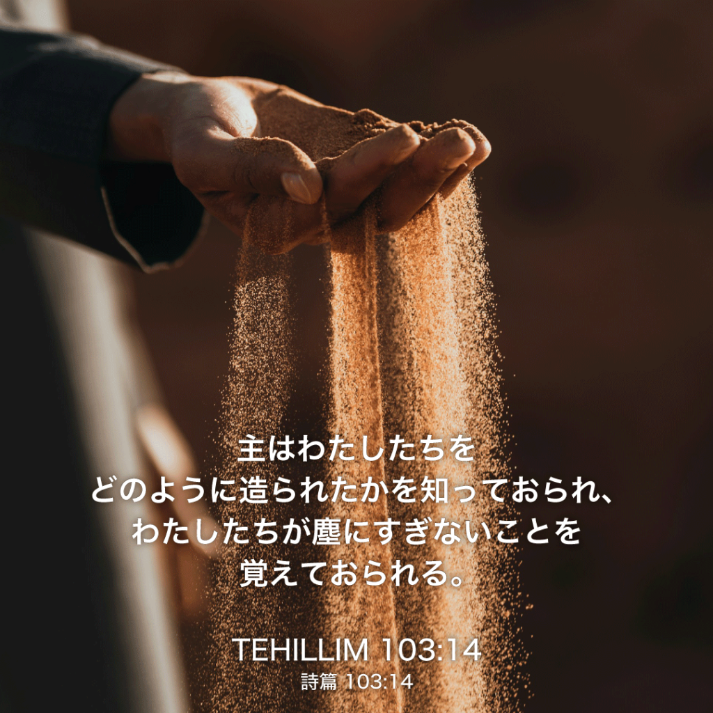 TEHILLIM(詩篇)103章14節：主はわたしたちをどのように造られたかを知っておられ、 わたしたちが塵にすぎないことを覚えておられる。 