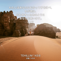 TEHILLIM(詩篇)143章6節：わたしはあなたにむかって手を伸べ、わが魂は、かわききった地のようにあなたを慕います。〔セラ