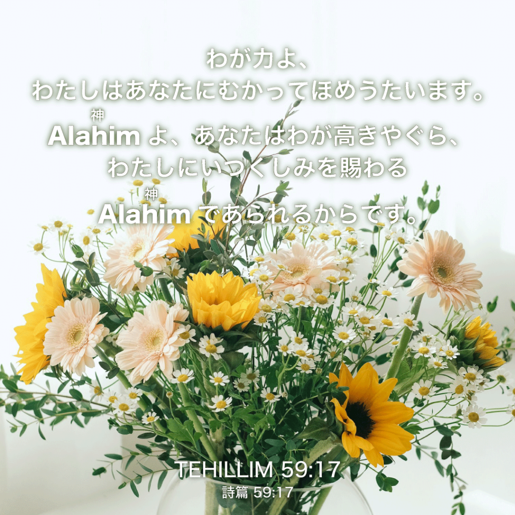 TEHILLIM(詩篇)59章17節：わが力よ、わたしはあなたにむかってほめうたいます。Alahim(神)よ、あなたはわが高きやぐら、わたしにいつくしみを賜わるAlahim(神)であられるからです。