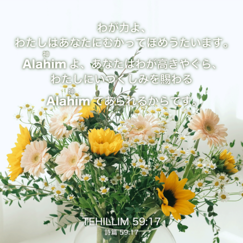 TEHILLIM(詩篇)59章17節：わが力よ、わたしはあなたにむかってほめうたいます。Alahim(神)よ、あなたはわが高きやぐら、わたしにいつくしみを賜わるAlahim(神)であられるからです。