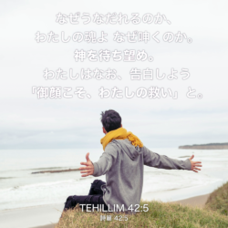 TEHILLIM(詩篇) 42章5節：なぜうなだれるのか、わたしの魂よ なぜ呻くのか。神を待ち望め。わたしはなお、告白しよう「御顔こそ、わたしの救い」と。