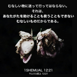 1 SHEMUAL(サムエル記上) 12章21節：むなしい物に迷って行ってはならない。それは、あなたがたを助けることも救うこともできないむなしいものだからである。