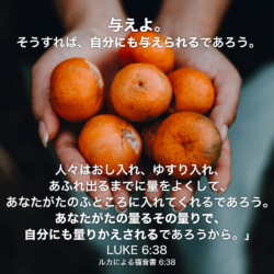 LUKE(ルカによる福音書) 6章38節：与えよ。そうすれば、自分にも与えられるであろう。人々はおし入れ、ゆすり入れ、あふれ出るまでに量をよくして、あなたがたのふところに入れてくれるであろう。あなたがたの量るその量りで、自分にも量りかえされるであろうから。」