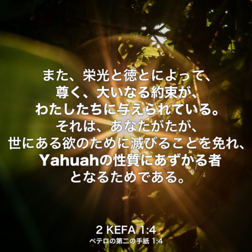 2 KEFA(ペテロの第二の手紙) 1章4節：また、栄光と徳とによって、尊く、大いなる約束が、わたしたちに与えられている。それは、あなたがたが、世にある欲のために滅びることを免れ、Yahuahの性質にあずかる者となるためである。