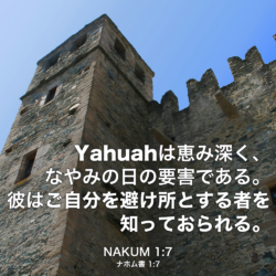 NAKUM(ナホム書) 1章7節：Yahuahは恵み深く、なやみの日の要害である。彼はご自分を避け所とする者を知っておられる。