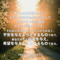YIRMEYAHU(エレミヤ書) 29章11節：Yahuahは言われる、わたしがあなたがたに対していだいている計画はわたしが知っている。それは災を与えようというのではなく、平安を与えようとするものであり、あなたがたに将来を与え、希望を与えようとするものである。