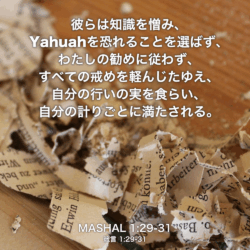 彼らは知識を憎み、Yahuahを恐れることを選ばず、わたしの勧めに従わず、すべての戒めを軽んじたゆえ、自分の行いの実を食らい、自分の計りごとに満たされる。 MASHAL(箴言) 1:29-31