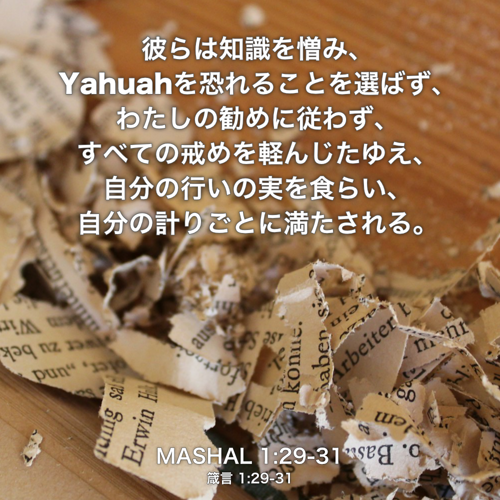 彼らは知識を憎み、Yahuahを恐れることを選ばず、わたしの勧めに従わず、すべての戒めを軽んじたゆえ、自分の行いの実を食らい、自分の計りごとに満たされる。
MASHAL(箴言) 1:29-31